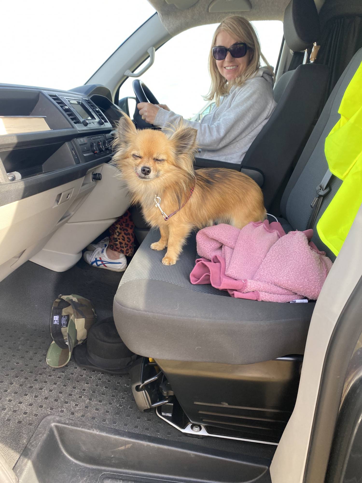 A VW T6 Campervan called CopperLeaf and Dolly sitting in one of the 2 passenger front seat. Seat rotate so can also face inside. Lots of cab for hire in Milton Keynes, Buckinghamshire