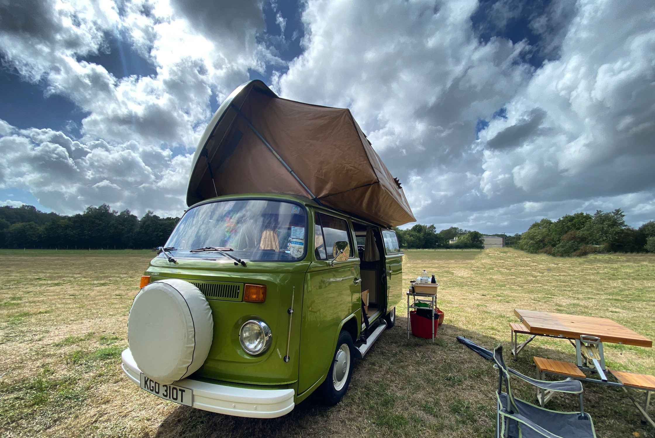A VW T2 Classic Campervan called OliveSussex-1121 and Just arrived at the campsite. for hire in lewes, East Sussex