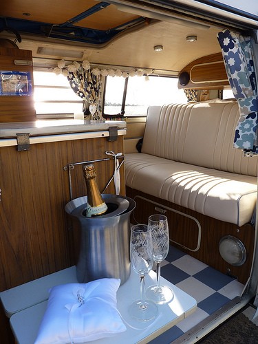 A Other Campervan called Lily something blue-1219 and Lily with champagne bottle for hire in New Milton, Dorset