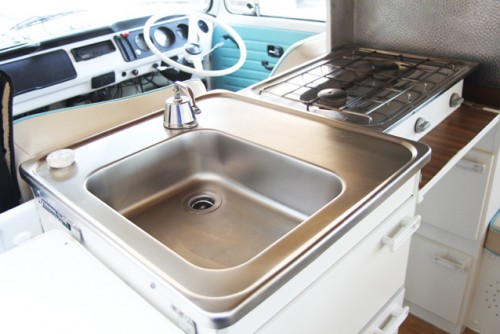 A VW T2 Classic Campervan called Harvey and The kitchen - pump the tap for cold water and get the kettle on the gas hob... for hire in Witham, Essex