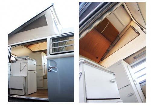 A VW T2 Classic Campervan called Harvey and Daytime standing room by pushing up the top bunk for hire in Witham, Essex