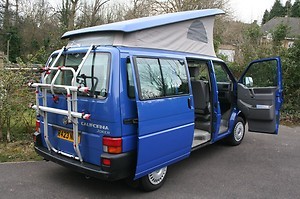 A VW T4 California Campervan called VwWestfalia and A look at its hind view with a bike rack. for hire in Sheffield, South Yorkshire
