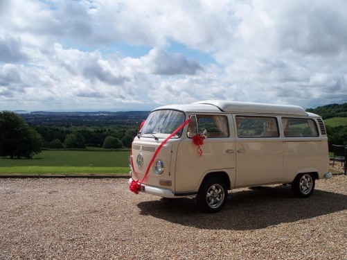 A VW T2 Classic Campervan called Bonnie and Your choice of ribbon and bow colours to compliment your wedding colours. All complimentary. for hire in Exeter, Devon