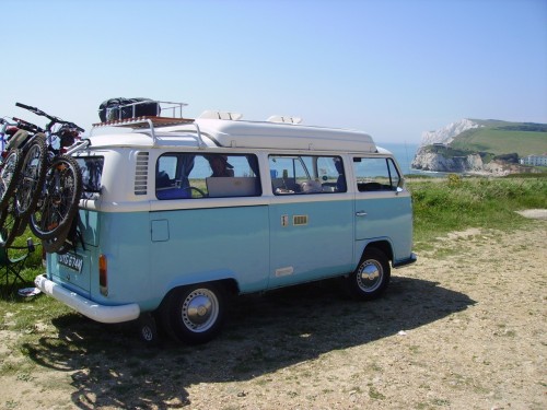 A VW T2 Classic Campervan called ErictheCamperVan and Eric on holiday on the Isle of Wight for hire in Winchester, Bedfordshire