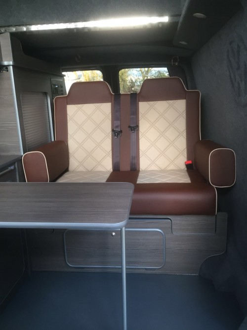 A VW T5 Campervan called Indy and Indy's gorgeous interior for hire in Staines, Surrey