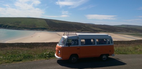 A VW T2 Classic Campervan called thunder-betty and Sunny Orkney beach for hire in Orkney, Orkney Islands