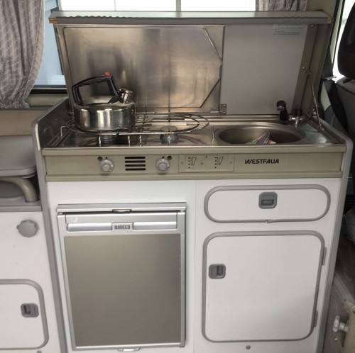 A VW T3 Campervan called T3WestfaliaCalifornia and The kitchen! for hire in Hove, East Sussex