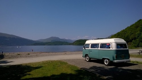 A VW T2 Classic Campervan called Campbell and Loch Lomond for hire in Dollar, Scotland