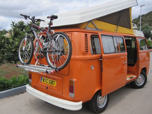 A VW T2 Classic Campervan called Saffron and Rear View with Bike Rack for hire in Faro, Portugal