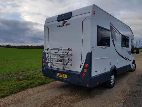 A Roller team Motorhome called Darcell and Rear View with Bike Rack for hire in Diss, Norfolk