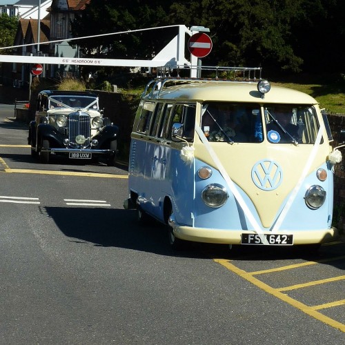 A VW T1 Splitscreen Campervan called bluecreamsplit and On wedding duty for hire in Gillingham, Kent