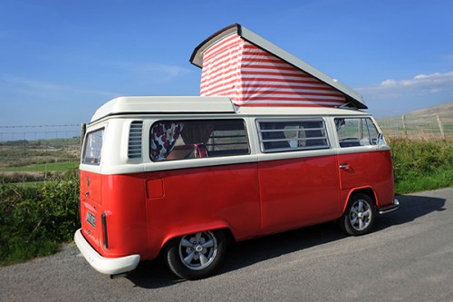 A VW T2 Classic Campervan called Poppy and Side view with Pop Top for hire in Garndolbenmaen, Gwynedd
