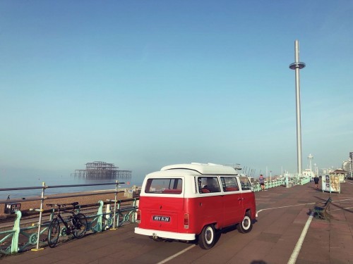 A VW T2 Classic Campervan called maggieT2 and Looking out at Brighton's West Pier for hire in Hove, East Sussex