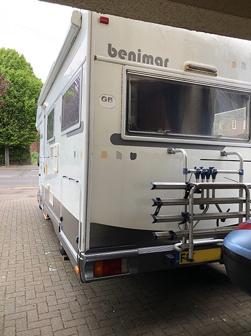 A A-Class Motorhome called aldrick and Rear View with bike rack for hire in Hemel Hempstead, Herefordshire