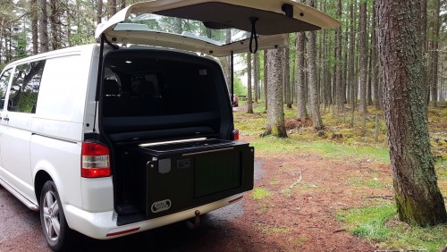 A VW T5 Campervan called Nifty1 and Rear with slidepod for hire in Inverness, Scotland