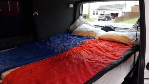 A VW T5 Campervan called Nifty1 and Sleeping area created in rear for hire in Inverness, Scotland