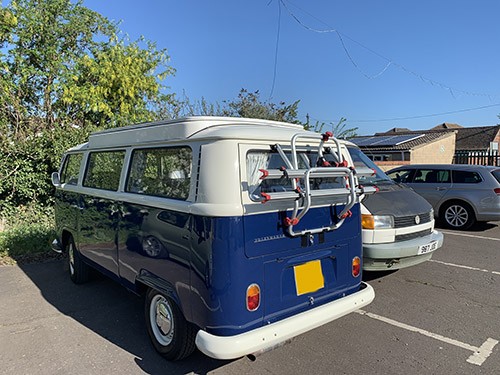 A VW T2 Classic Campervan called Burley and Rear View with bike rack for hire in Watford, Herefordshire