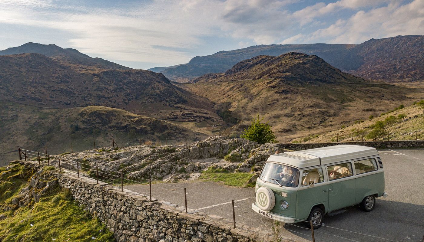 A VW T2 Classic Campervan called Enlli and Bessie at Snowdon Viewpoint for hire in Garndolbenmaen, Gwynedd