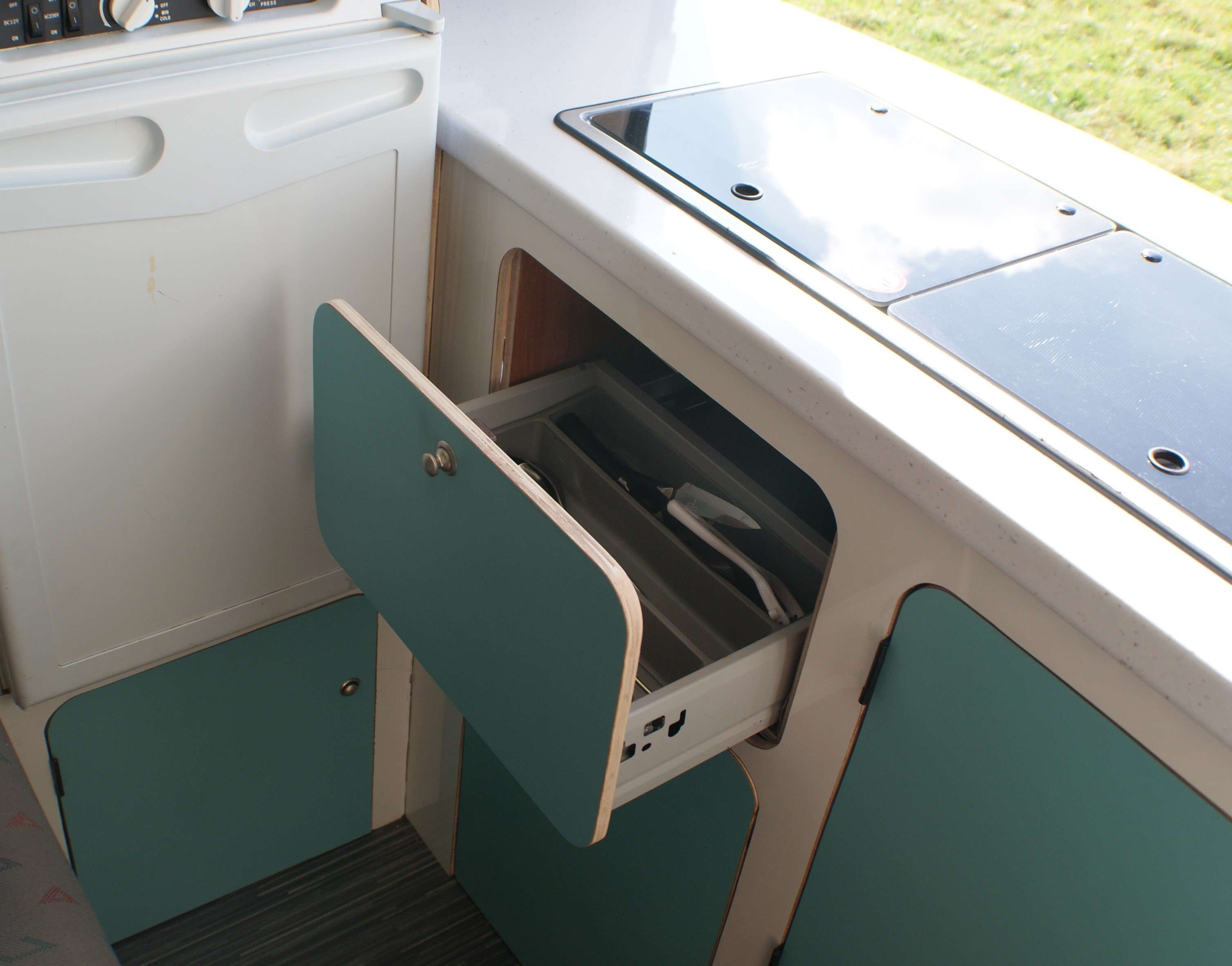 A Nissan Campervan called Molly and Cutlrey drawer with items for 4. We've thought of everything so you don't have to! for hire in Ledbury, Gloucestershire
