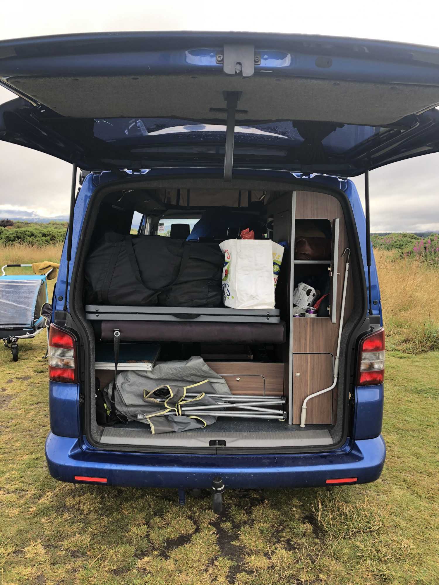 A VW T5 Campervan called Herve and Lots of storage in the boot for bedding, camping tables, chairs, food etc for hire in Gifford, East Lothian