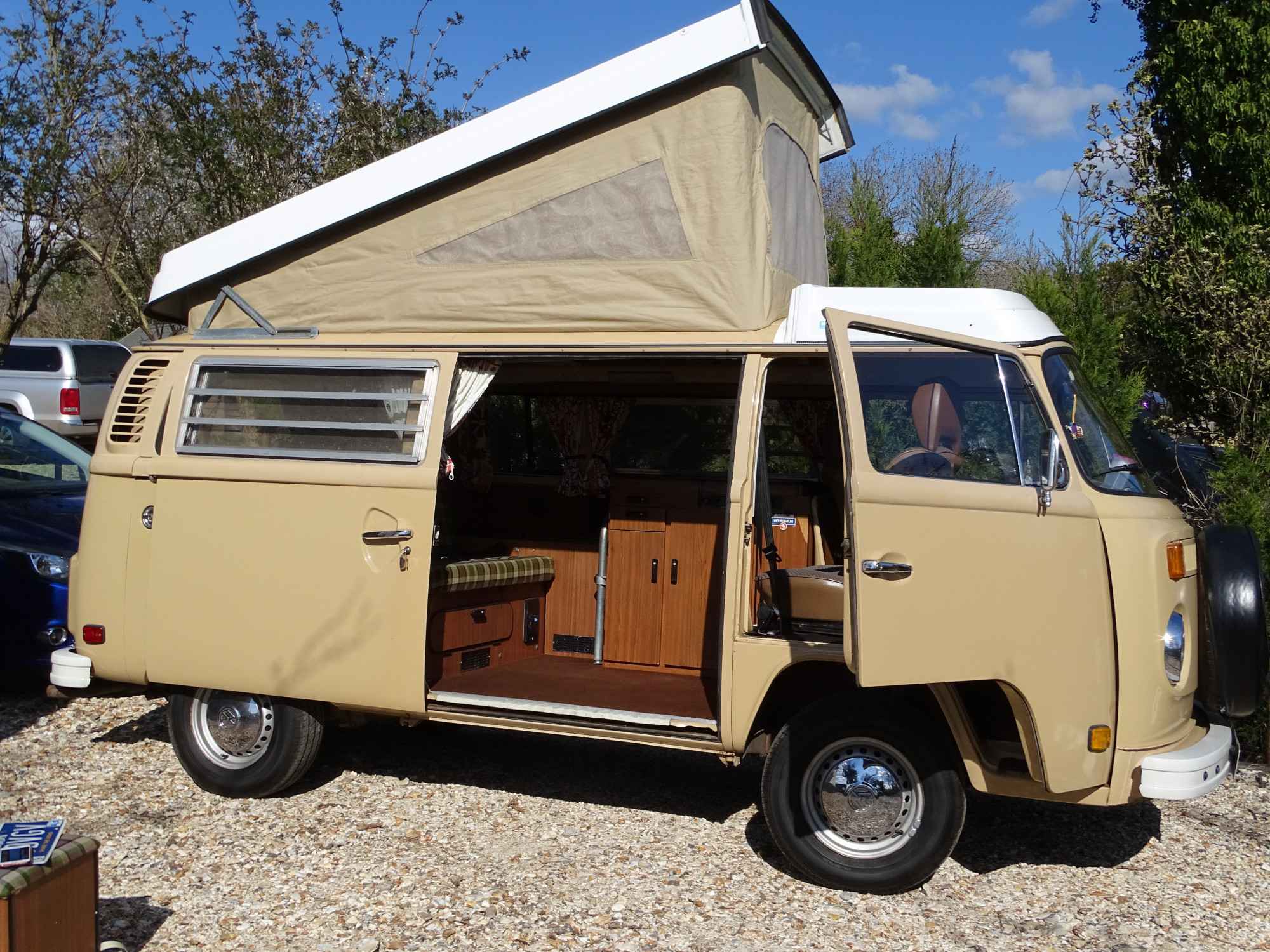 A VW T2 Classic Campervan called Frank-0322 and Frank with his roof up for hire in Nr Andover, Hampshire