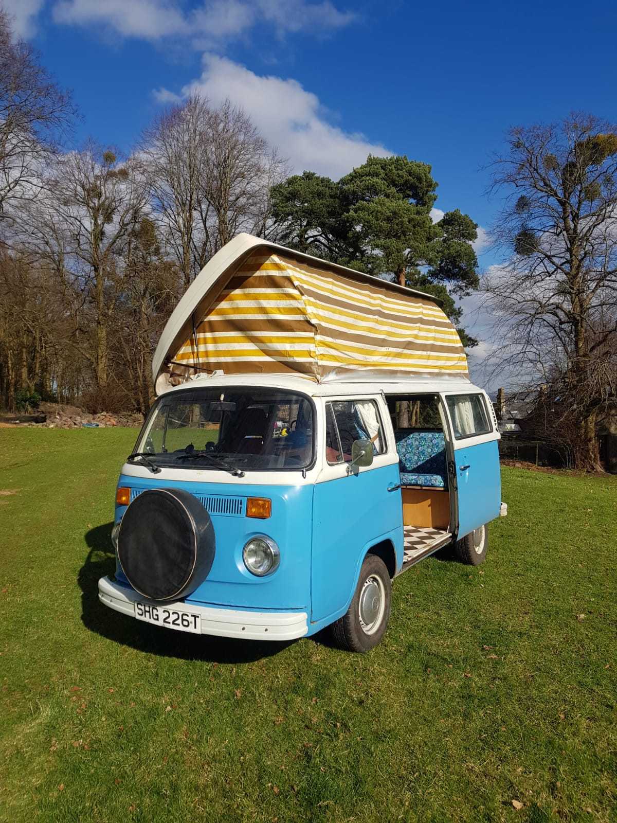 A VW T2 Classic Campervan called Sandy and Sandy in the sunshine for hire in Bristol, Somerset