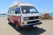 A VW T3 Campervan called pinklady and Pink Lady on rough terrain for hire in Alhaurín de la Torre, Spain