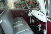 A VW T1 Splitscreen Campervan called Grandpa and interior of split for hire in Rennes, 