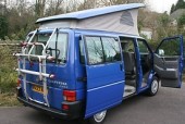 A VW T4 California Campervan called VwWestfalia and A look at its hind view with a bike rack. for hire in Sheffield, South Yorkshire