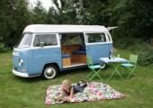 A VW T2 Classic Campervan called Bluebelle-0821 and Bluebell with her roof stowed away for hire in Ripley, Derbyshire