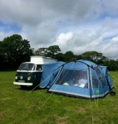 A VW T2 Classic Campervan called lolaT2 and Large sleeper drive away awning for hire in Penryn, Cornwall