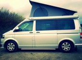 A VW T5 Campervan called Storm and Side view with Pop for hire in Falmouth, Cornwall
