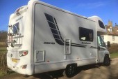 A Swift Motorhome called Sundance-with-me and Rear View with bike rack for hire in Royston, Cambridgeshire