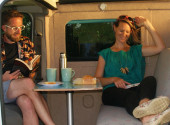 Comfy, sociable sitting and dining for 4. Milly has 4 belted travel seats and is a 4 berth campervan - ideal for a family of 4