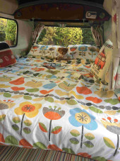 A VW T2 Classic Campervan called FunkyBob and Full width Rock and Roll Bed for hire in Colyton, Devon
