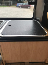 A VW T2 Brazilian Campervan called Roobarb and Work surface over sink for hire in Malpas, Cheshire