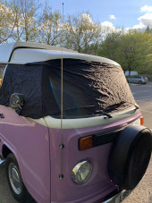 A VW T2 Brazilian Campervan called Roobarb and Front bay and door overnight blackout screen for hire in Malpas, Cheshire